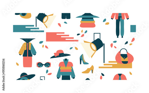 creative runway fashion seamless pattern, avant-garde clothing, exaggerated silhouettes, layered textures, abstract accessories and catwalk elements arranged