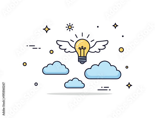 Flying high creative inspiration represented by a small lightbulb with wings floating gently above a few clouds. The imaginative scene symbolizes ideas taking