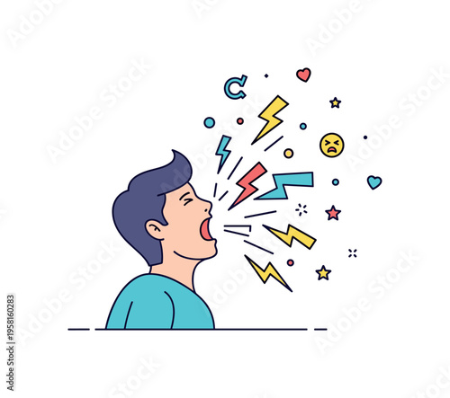 Emotional meltdown overwhelmed person screaming while small broken symbol pieces and lightning shapes scatter outward from the center. The illustration