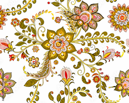 Detailed floral pattern with vibrant colors and swirling botanical elements