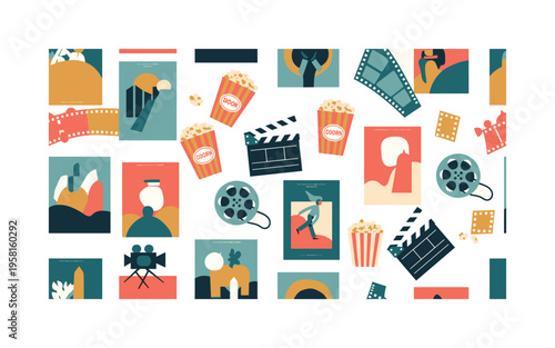 home theater poster display seamless pattern, walls decorated with movie posters, clapperboards, popcorn, and 35mm reels arranged in a repeating pattern, white