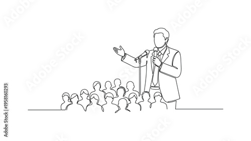 Leader Giving Speech. Minimalistic one-line drawing person gesturing while speaking to crowd representing political leadership, continuous single black line on