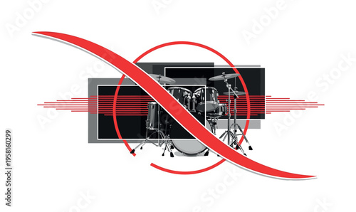 Monochrome drum set partially cropped and enlarged, intersected by a bold red arc and thin horizontal stripes suggesting vibration, abstract rectangular