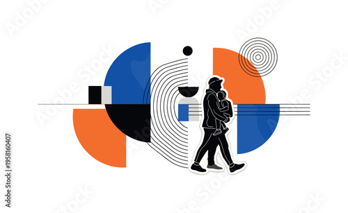 activist walking with child in hands abstract semicircles lines and geometric blocks symbolizing protective movement black and white retro human figures with