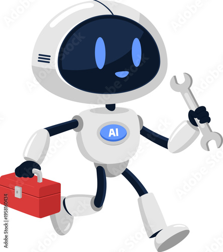 Funny AI Robot Technician Cartoon Character Running With Wrench And Toolbox – Vector Illustration Flat Design Isolated On Transparent Background