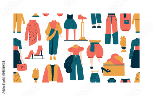 artistic fashion designs seamless pattern, unconventional garments, bold textures, asymmetrical cuts, abstract accessories and runway props arranged in a