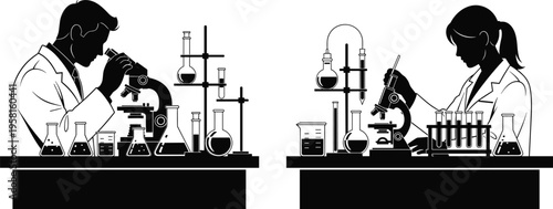 Scientific laboratory research vector illustration of two scientists in lab coats using microscopes, chemistry equipment, biology experiment, analysis, discovery, innovation