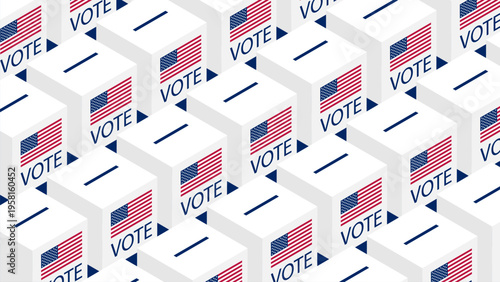 Isometric Ballot boxes decorated with American flag and the campaign slogan Vote. 3D vector background top view at an angle