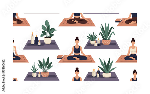 yoga studio scene with yoga mats, meditating figures, plants and candles in decorative arrangement, seamless pattern, repeating pattern, surface design,