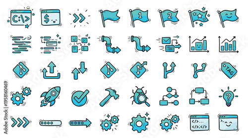 DevOps and Coding Icon Set in Cyan Doodle Style. A collection of development Linear Icons, Including git, pipeline, rocket, gear, bug, hammer, flag, terminal, arrow, logic, tag