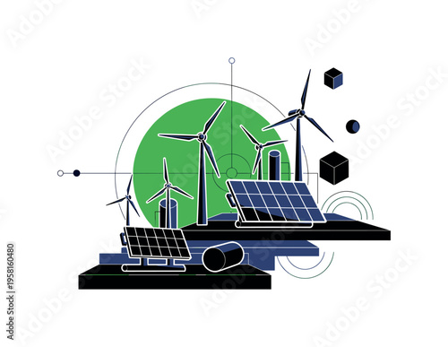 solar panels and wind turbines rising from abstract geometric platforms, black and white renewable energy structures cut-out with white outline effect, large