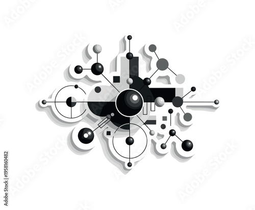 molecular structure of substance, geometric circles lines and abstract blocks highlighting atomic arrangement, black and white retro realistic molecular model