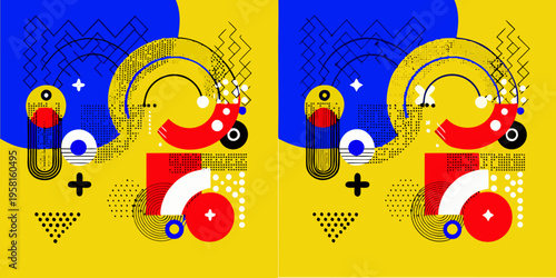 Abstract geometric composition with circles arcs and rectangles in vibrant colors