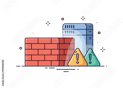 Firewall threat blocking concept showing a brick barrier stopping warning icons while a protected server icon glows behind it. The compact scene reflects