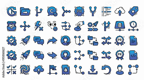 Software Development and Git Version Control Icon Set in Blue Doodle Style. A collection of coding linear icons including branch, pull request, code, cloud, bug, rocket, folder