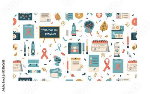 tobacco-free program seamless pattern, workshops, nicotine patches, e-cigarettes, motivational boards, calendars and health symbols arranged in a repeating