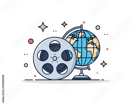 Global film festival moment illustrated by a film reel combined with a small globe and a few star accents around it. Conceptual scene reflecting international