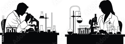 Scientific laboratory research vector illustration of two scientists using microscopes, lab coats, chemistry equipment, biology experiment, analysis, discovery, innovation