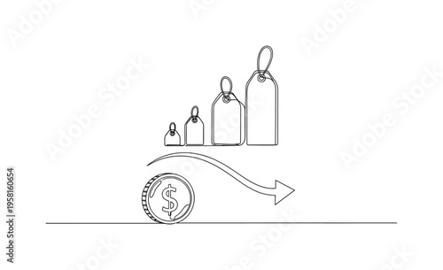 Money Losing Value. Minimalistic one-line drawing coin transforming into a downward curve while prices rise above symbolizing inflation impact, continuous