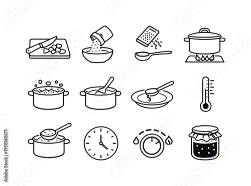 Jam Cooking Process. Line icon set of Jam Cooking Process: chopping fruit, sugar pouring, lemon zest, pot on stove, simmering bubbles, stirring