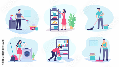 People diligently performing various household chores in a colorful illustration