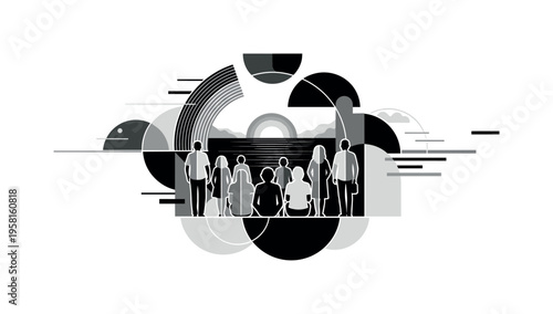 group enjoying sunset view, geometric semicircles circles and abstract blocks emphasizing connection and adventure, black and white retro realistic figures