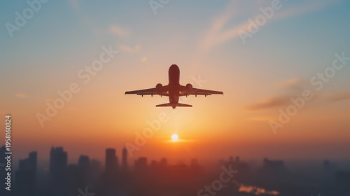 Airplane glides toward setting sun over distant city skyline
