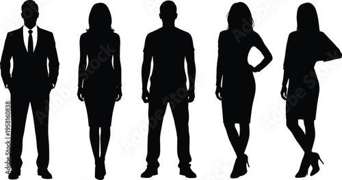 Silhouette vector illustration of five diverse individuals in dresses and suits, fashion representation, gender balance, lifestyle design, professional artwork