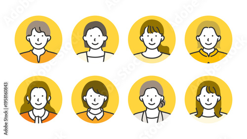 Circular portrait icon series spotlighting millennial and gen z women in relaxed everyday clothing rendered in expressive line art for beauty brand community and lifestyle app onboarding