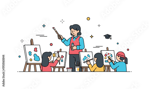 Art classroom demonstration showing a teacher explaining brush techniques while students paint on small canvases. The scene captures creativity, education and