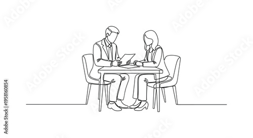Lawyer With Client Consultation. Minimalistic one-line drawing attorney discussing paperwork with an individual in a community setting, continuous single black