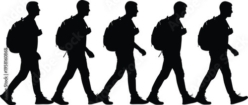 Silhouette vector illustration of five identical individuals walking with backpacks, casual clothing, daily routine, travel activity, commuting lifestyle, outdoor movement design