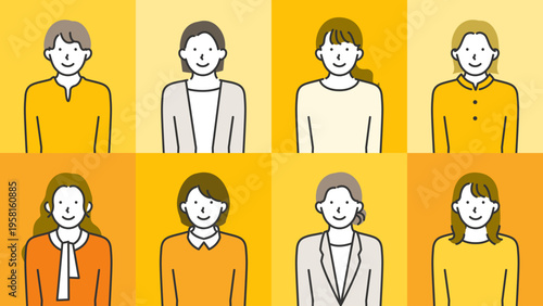 A curated lineup of millennial and gen z women dressed in everyday casual wear brought together in line art with faces ranging from genuinely happy to quietly composed for women.