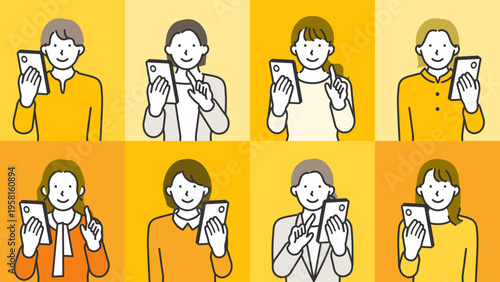 Millennial and gen z women mid swipe and tap on their phones styled in casual everyday outfits and rendered in warm line art for women's lifestyle app beauty subscription and social commerce campaigns