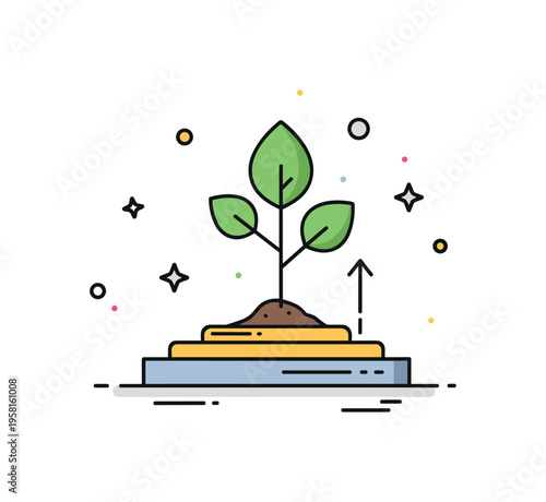 Foundation for growth concept with a sturdy base platform and a small tree growing upward from it. The scene represents long term development built on reliable
