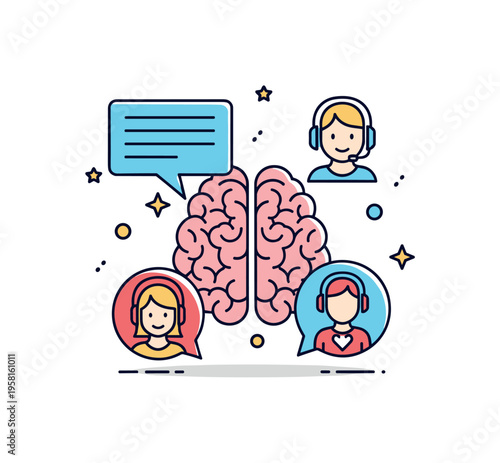 Therapy and brain recovery brain illustration with speech bubble and support icons representing counseling and psychological guidance during