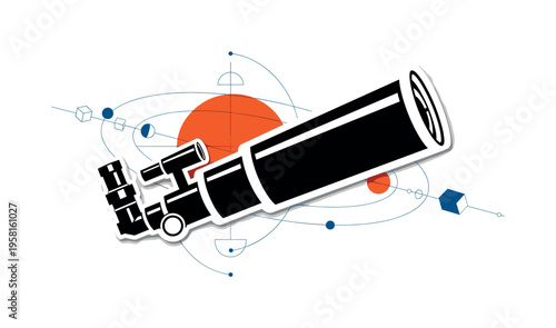 retro telescope observing a planetary system with planets aligned in orbit, black and white cut-out telescope with white contour outline, bold orange circle