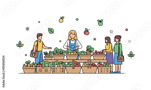 A vendor arranging baskets of seasonal vegetables and fruits at a farmers market stall, with shoppers browsing and small decorative icons of leaves and