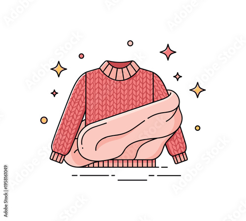 Sweater knitted sweater with a simple collar and soft fabric folds symbolizing everyday comfort and relaxed winter fashion. Decorative stars emphasize warmth