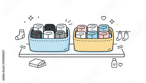 Storage baskets. Small fabric baskets neatly organizing socks on a shelf, showing order and everyday simplicity. Calm home organization mood with