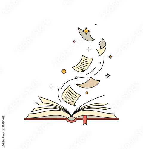 Flying pages from a book open book releasing loose pages swirling upward in soft curved motion suggesting stories escaping into the air. The composition