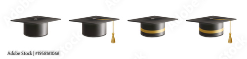 Realistic Black graduate caps set. 3D Graduation Doctoral hat.