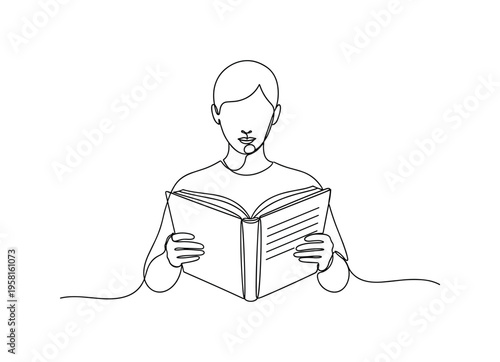 Reading Open Book. Minimalistic one-line drawing person holding an open book with pages visible, continuous single black line on white background, simple