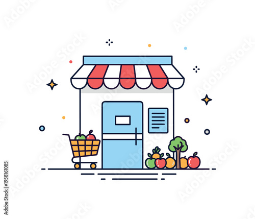 Supermarket doorway scene centered on a store entrance with a small awning, shopping cart symbol, and produce icons near the door. Everyday retail moment