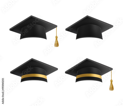 Realistic Black graduate caps set. 3D Graduation Doctoral hat.
