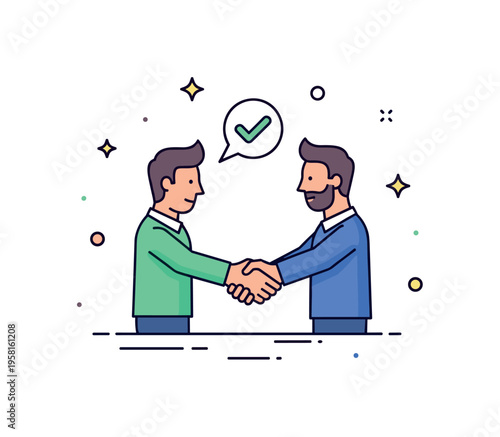 Civility in teamwork colleagues exchanging a respectful handshake beside a small checkmark icon symbolizing cooperation, trust and professional courtesy.