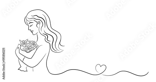 Mother with Flowers Line Art – Elegant Woman Portrait for Mother’s Day and Love Concept