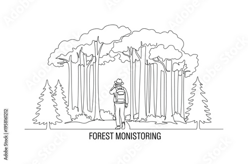 Forest Monitoring. Minimalistic one-line drawing ranger walking through forest observing trees, continuous single black line on white background, simple