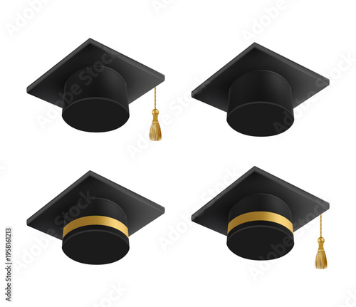 Realistic Black graduate caps set. 3D Graduation Doctoral hat.