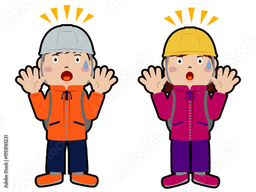 大変だ！防災服で驚き・焦る表情の男女イラストセット